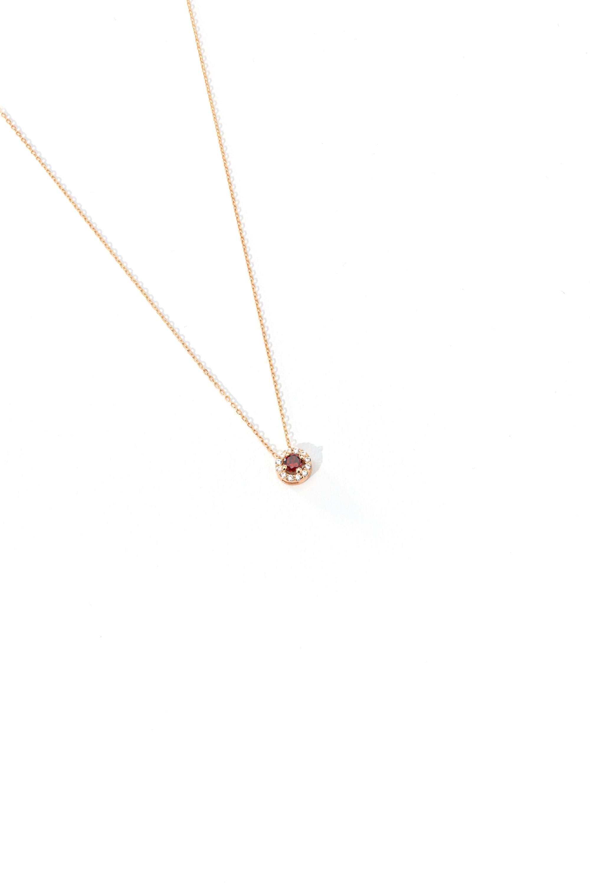14K Solid Gold Red Gemstone Halo Necklace