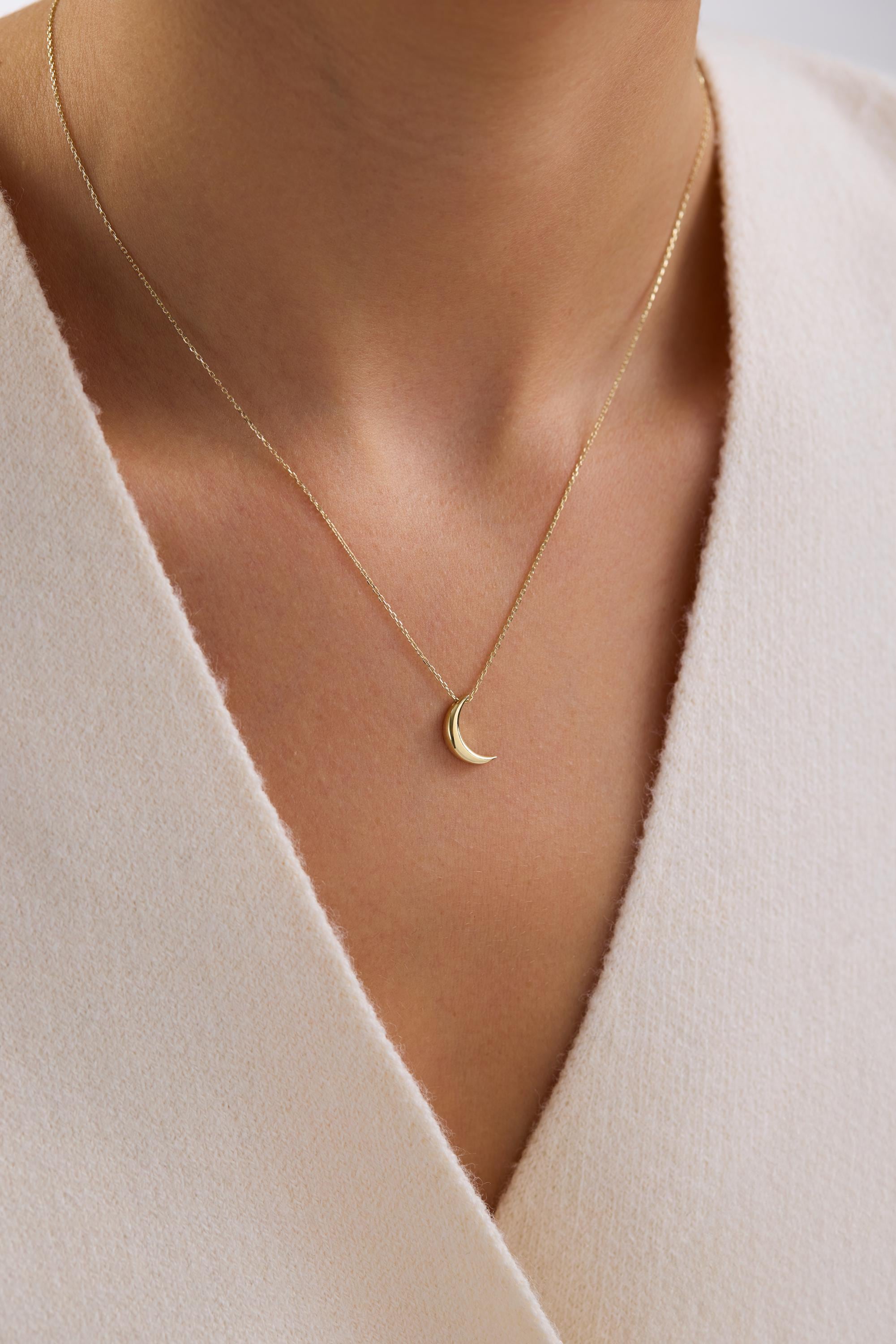 14k Solid Gold Crescent Moon Necklace