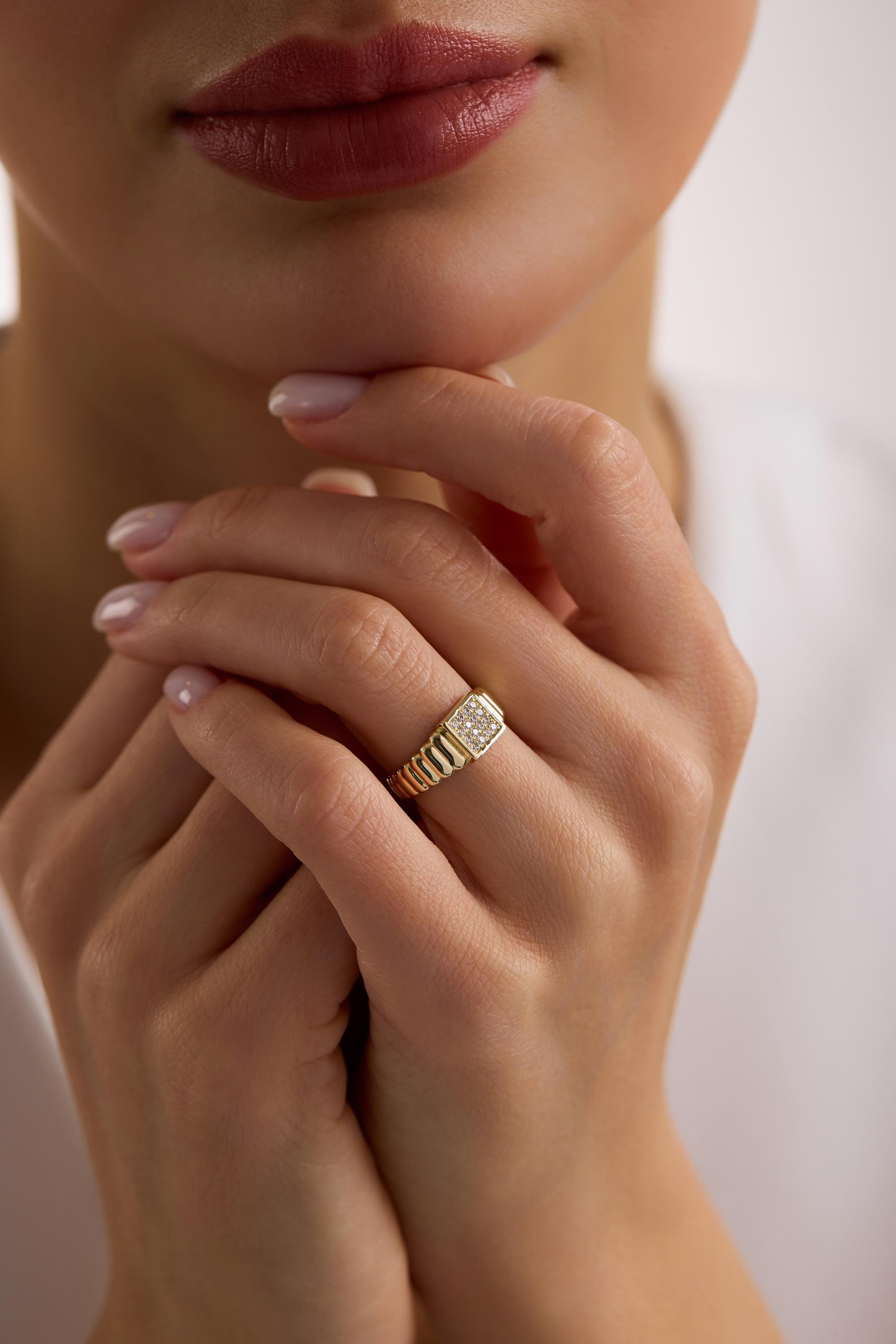 14K Gold Fluted Square Pavé Signet Ring