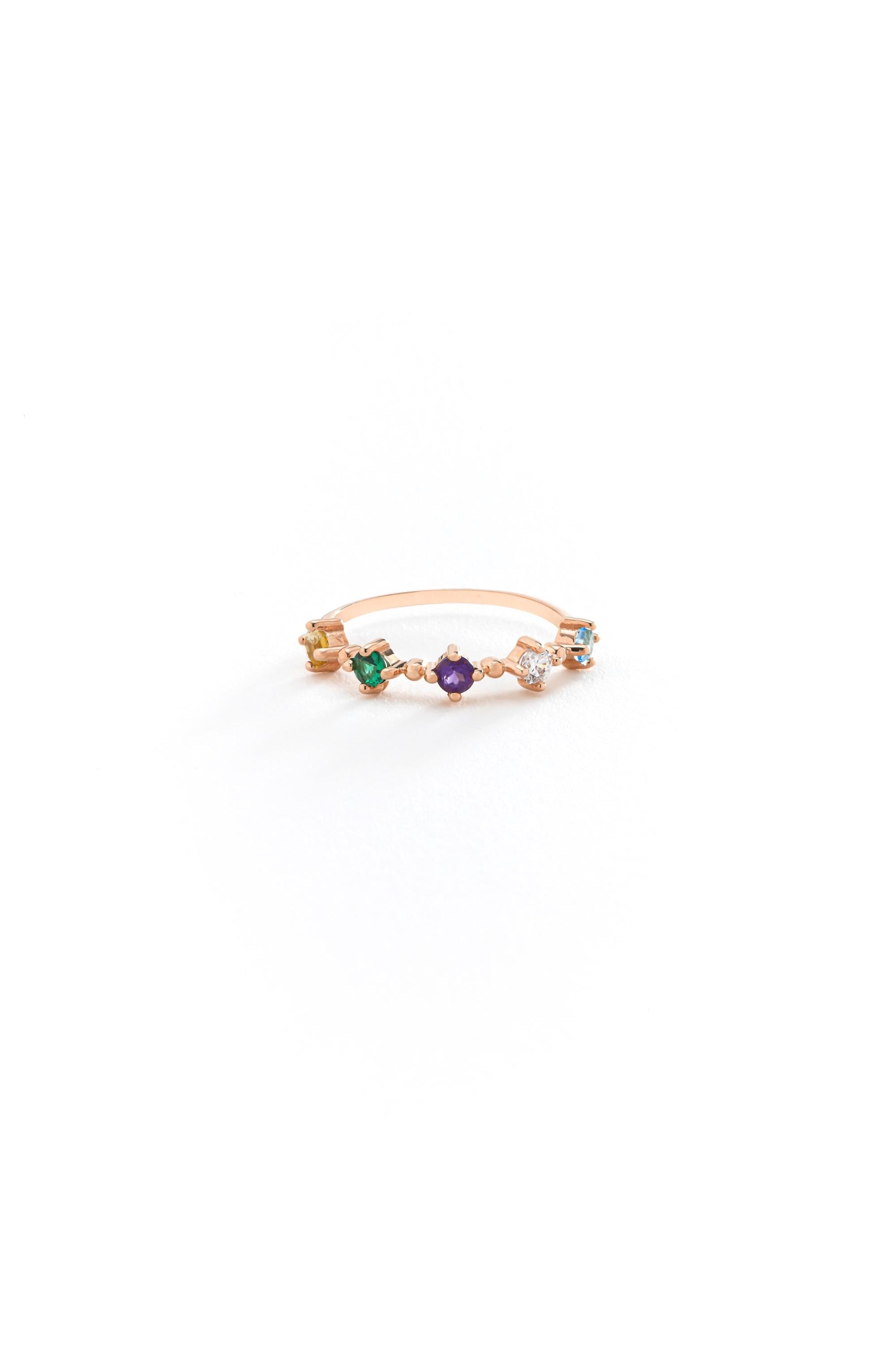 14K Solid Gold Multicolor Gemstone Band Ring