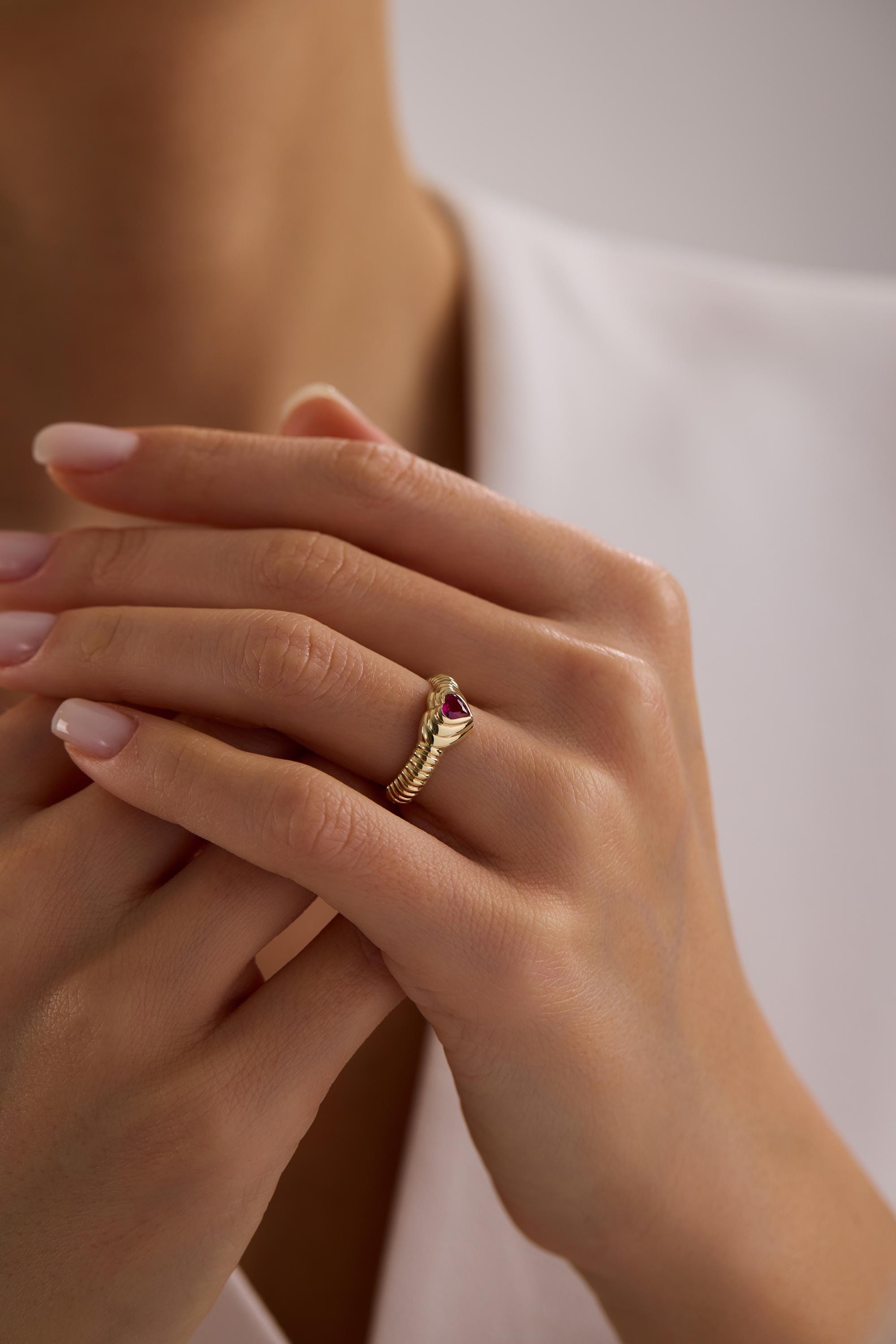 14K Solid Gold Twisted Rope Red Gemstone Ring