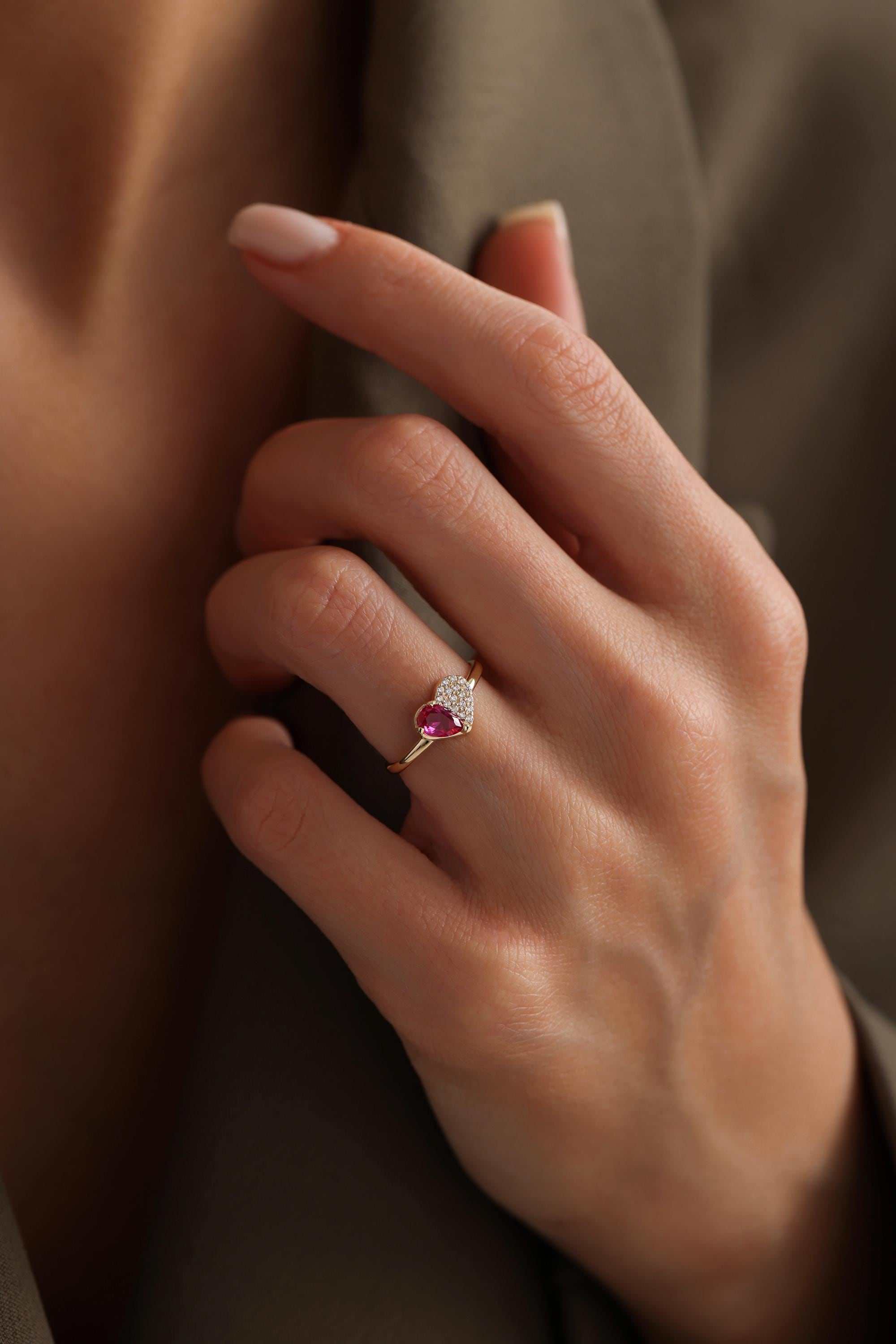 14K Solid Gold Pear Pink Gemstone & Diamond Ring