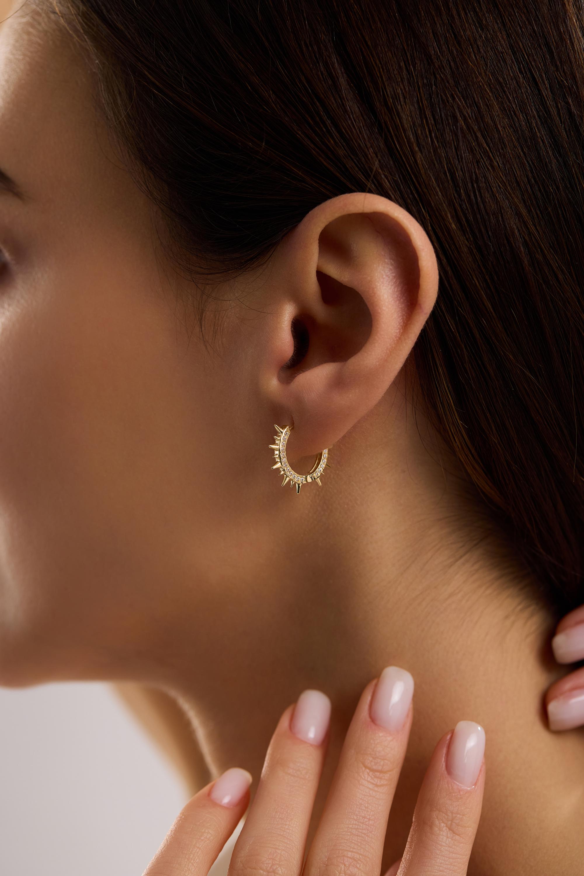 14K Gold Pavé Spiked Huggie Hoop Earrings