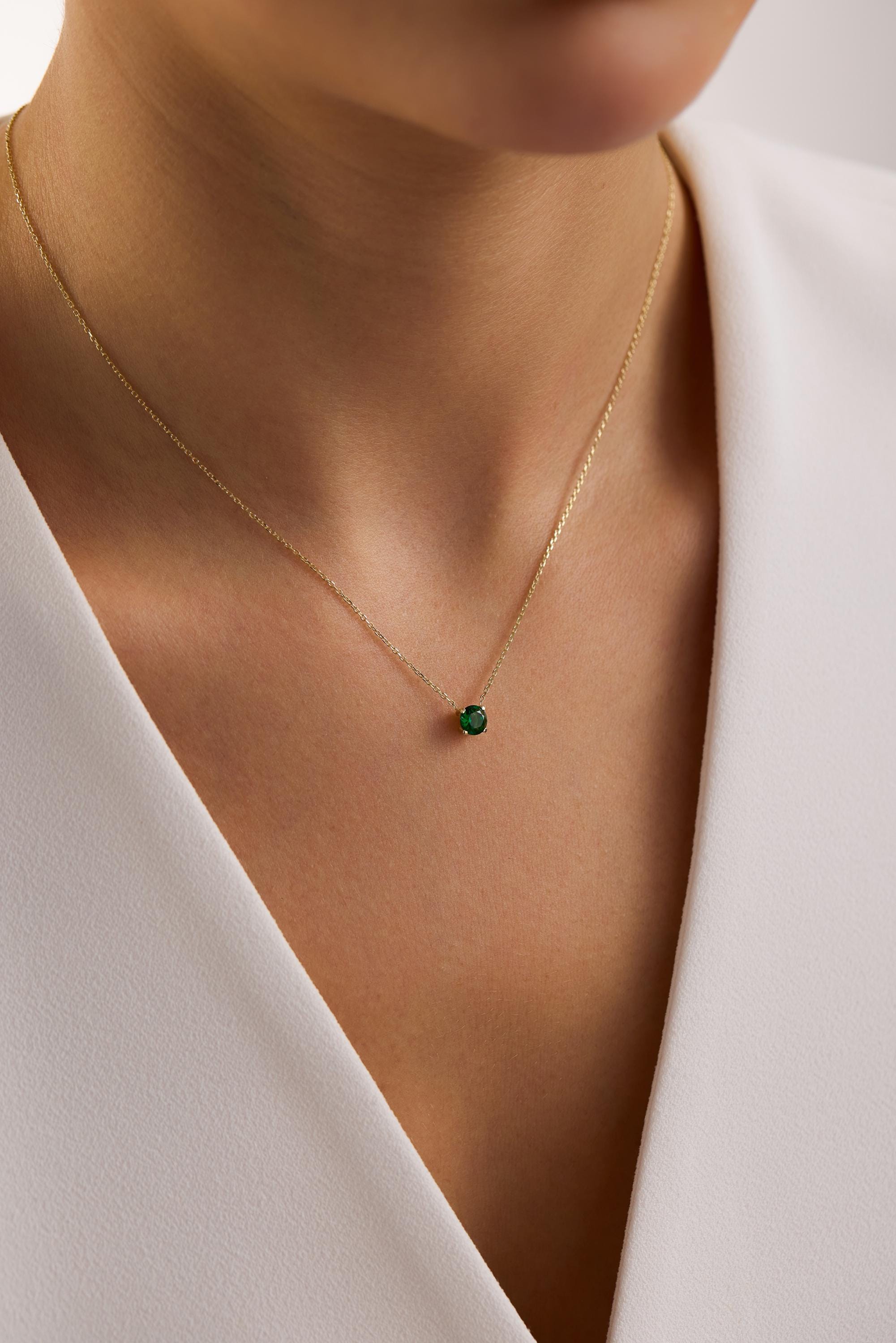 14K Gold Round Gemstone Solitaire Pendant Necklace