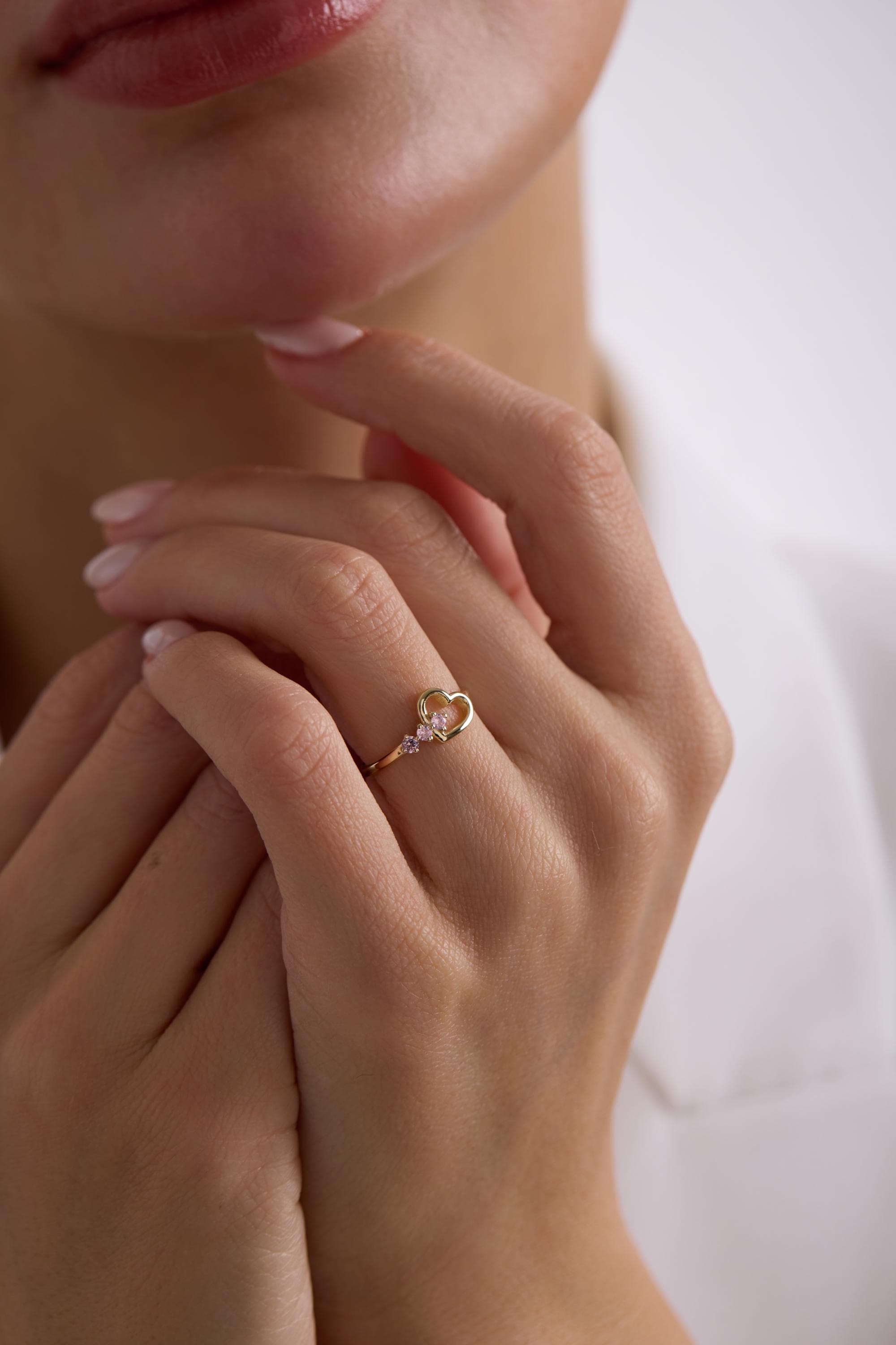 14K Gold Pink Heart Three Stone Ring