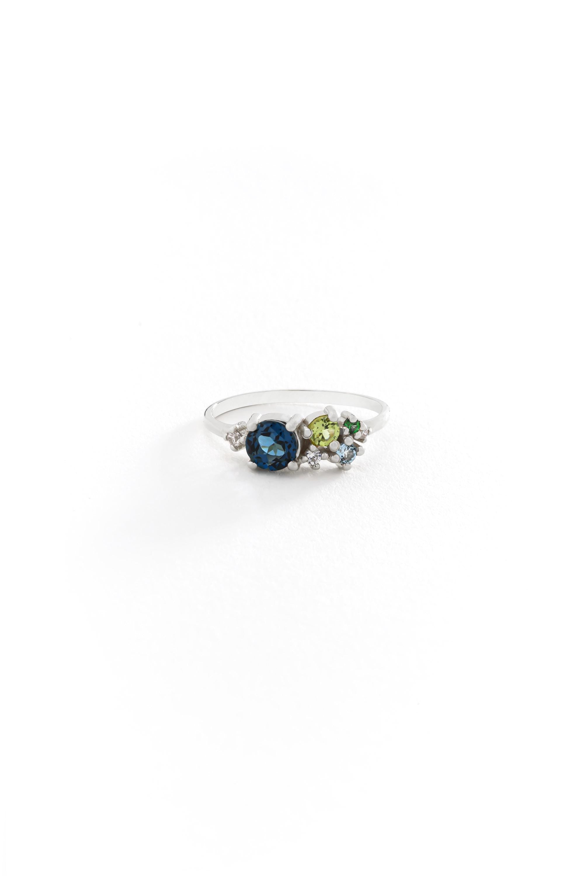 14K Solid Gold Blue Gemstone Cluster Ring