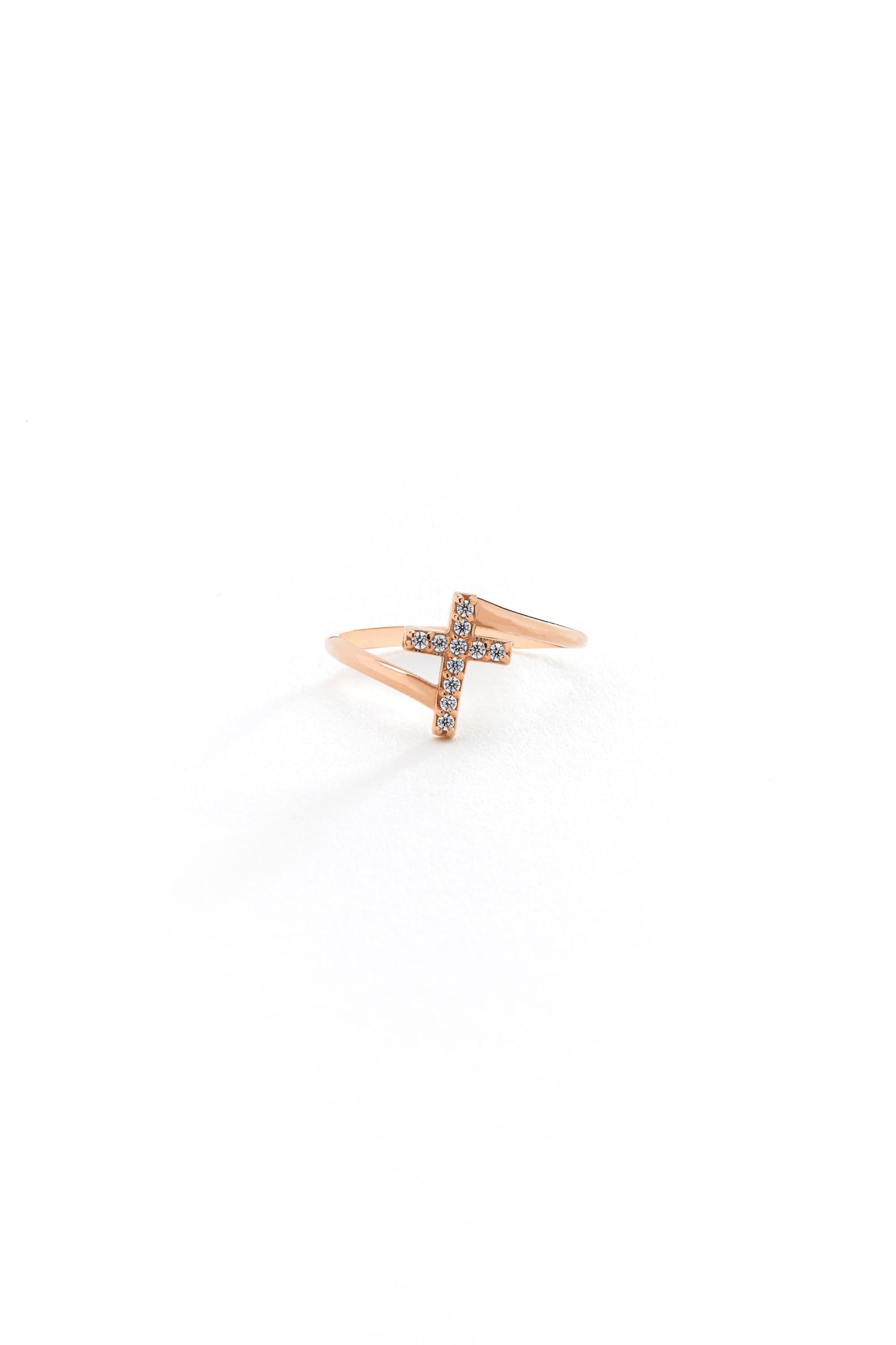 14K Pave Cz Small Cross Ring