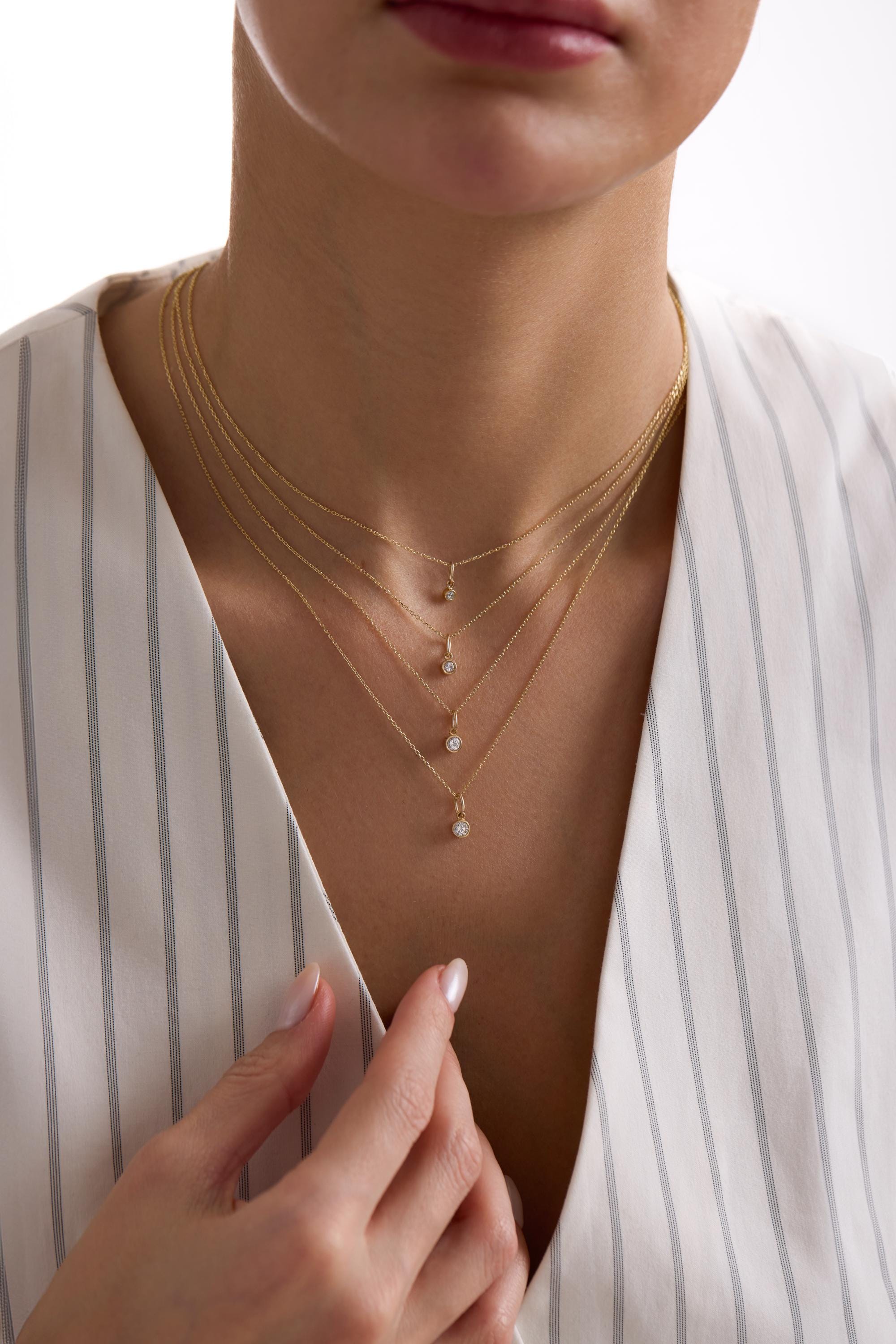 14K Solid Gold Solitaire Bezel Diamond Necklace