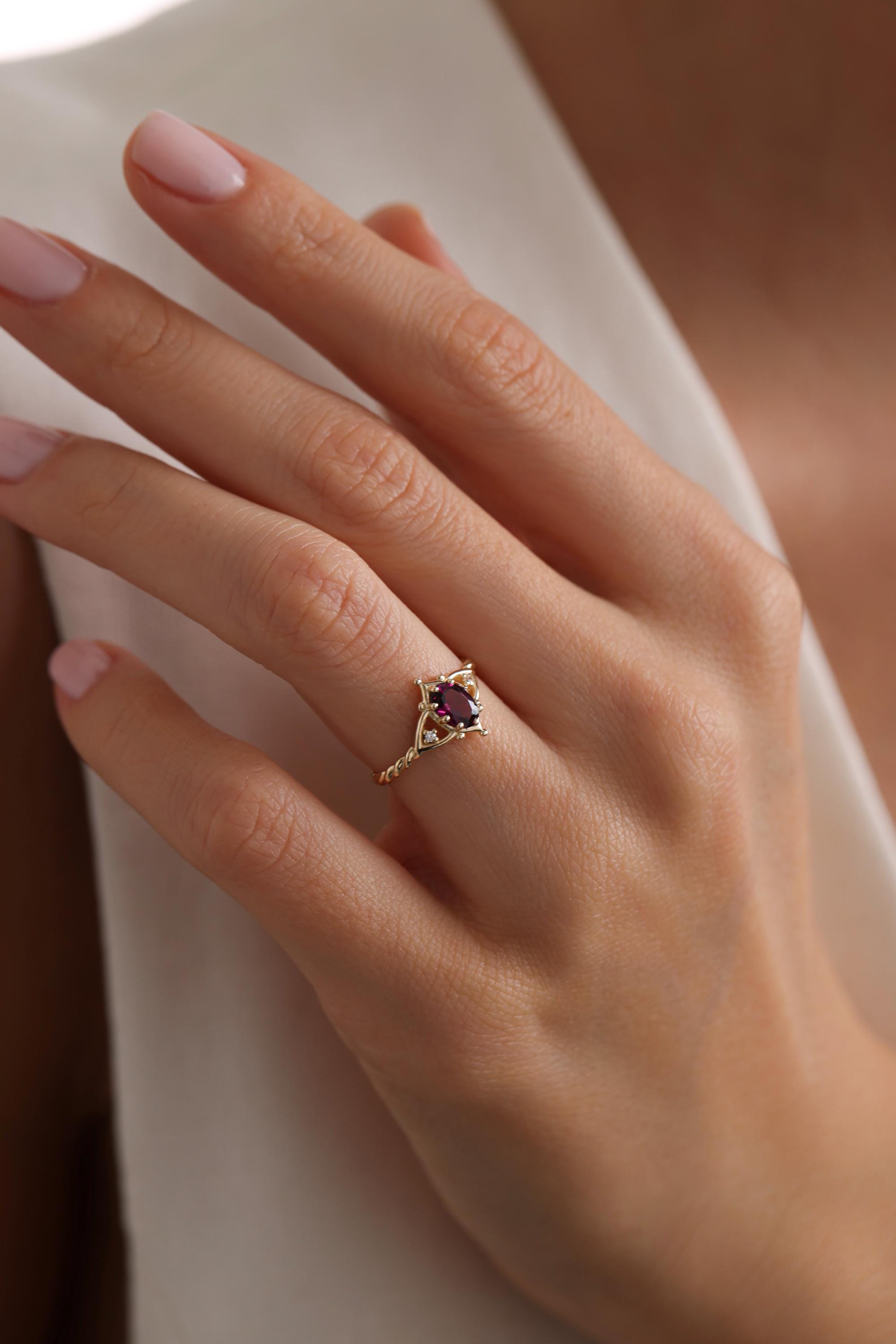14K Solid Gold Oval Rhodolite Ring