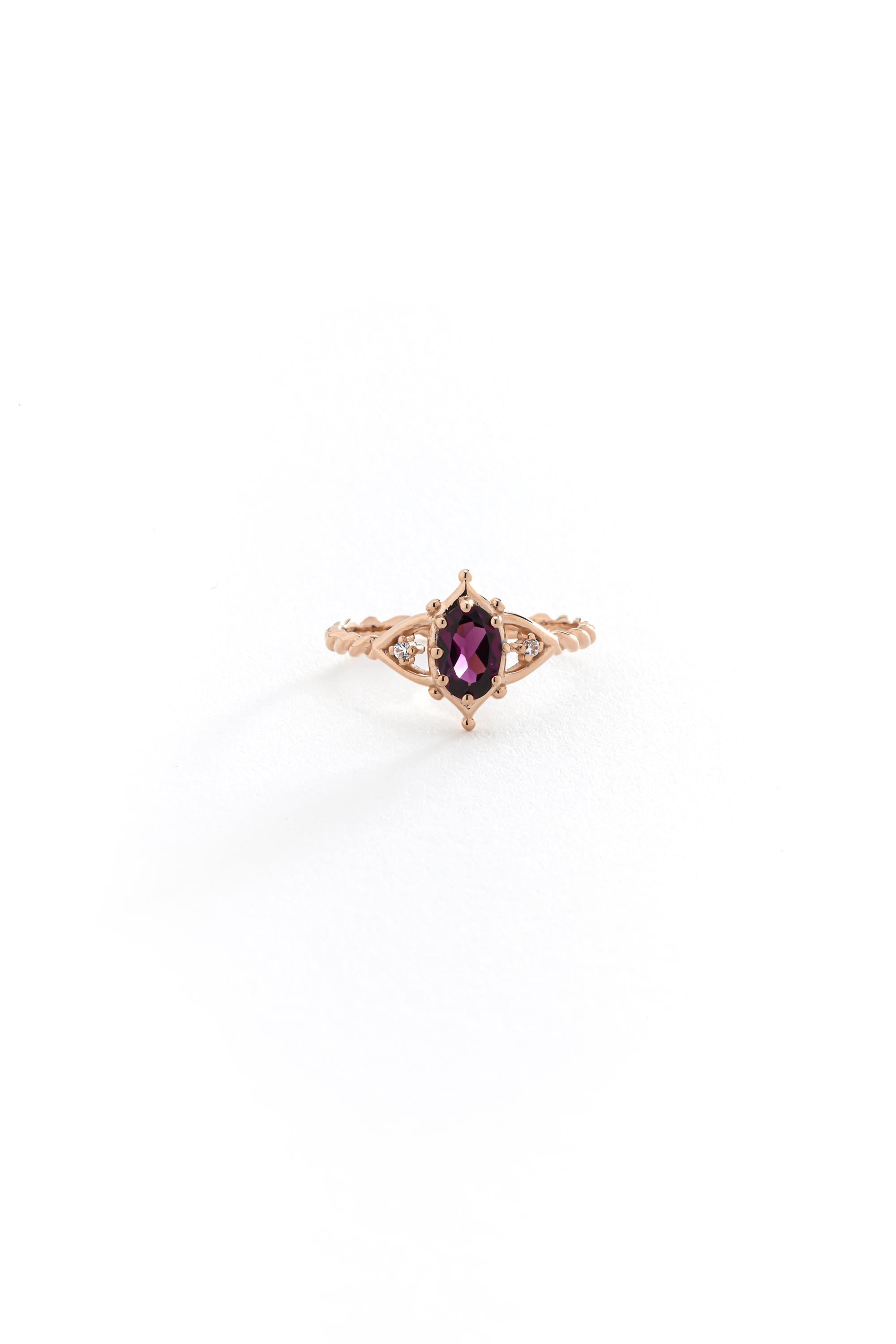 14K Solid Gold Oval Rhodolite Ring