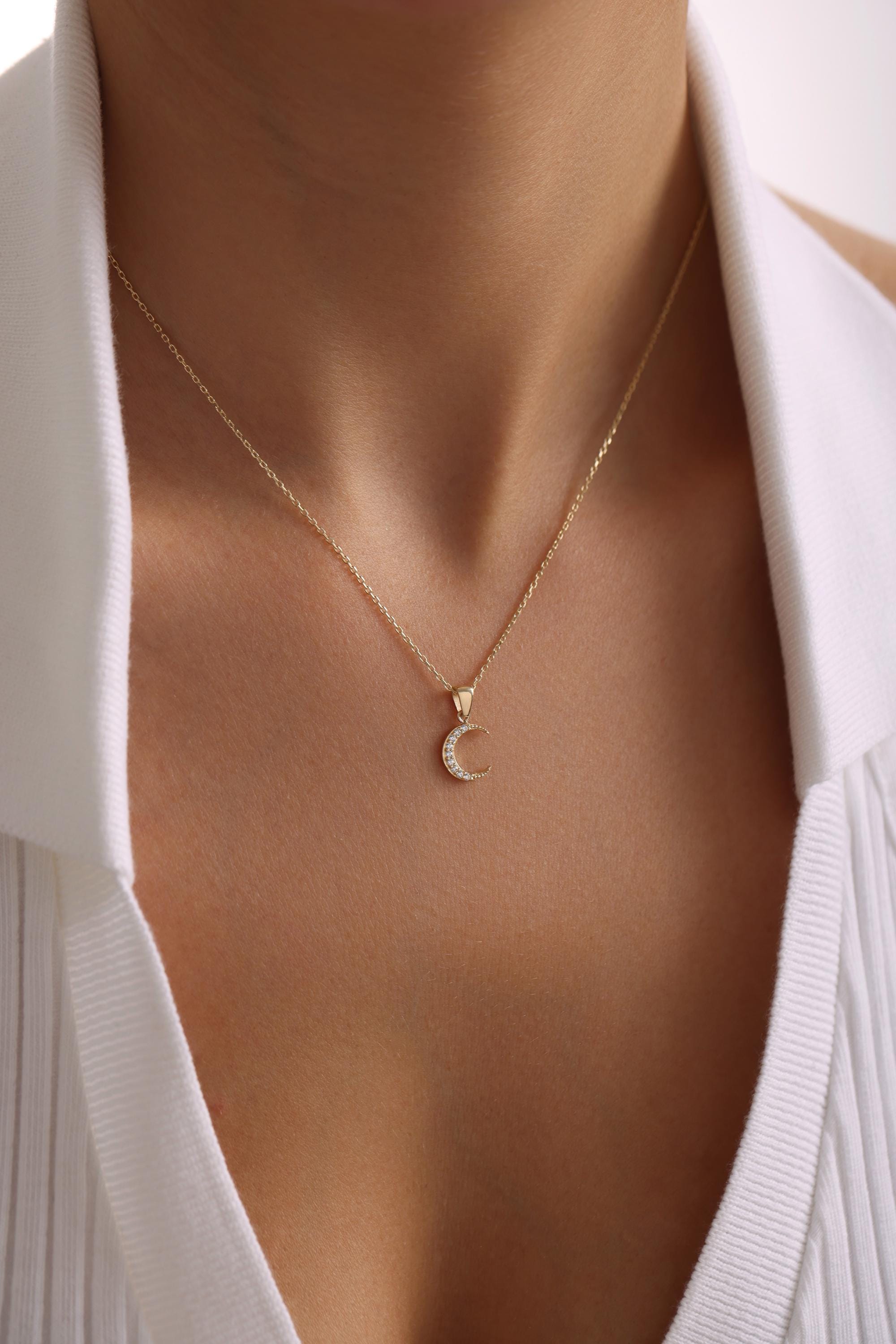 14K Solid Gold Crescent Moon Necklace