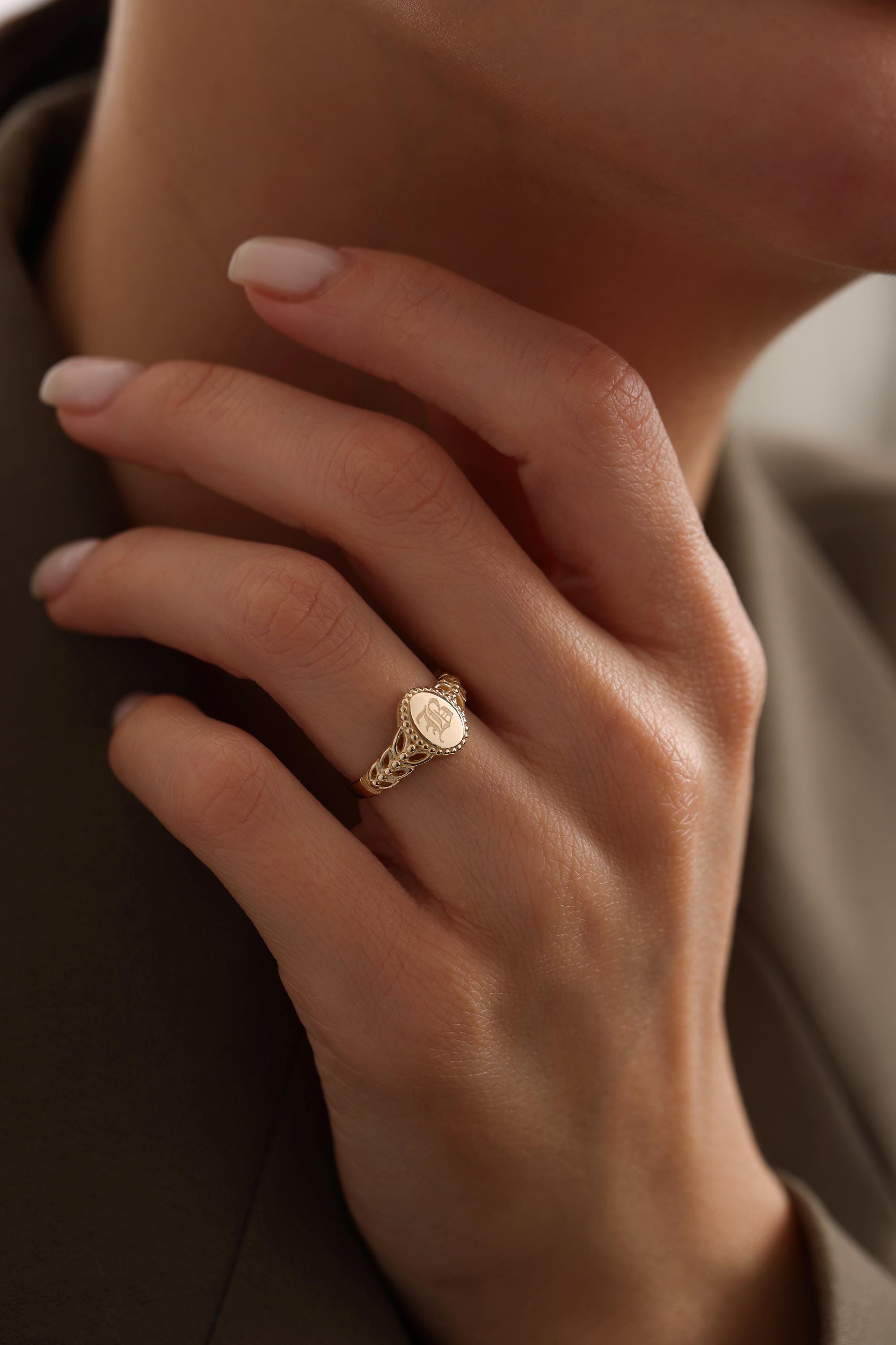 14K Gold Oval Filigree Signet Ring