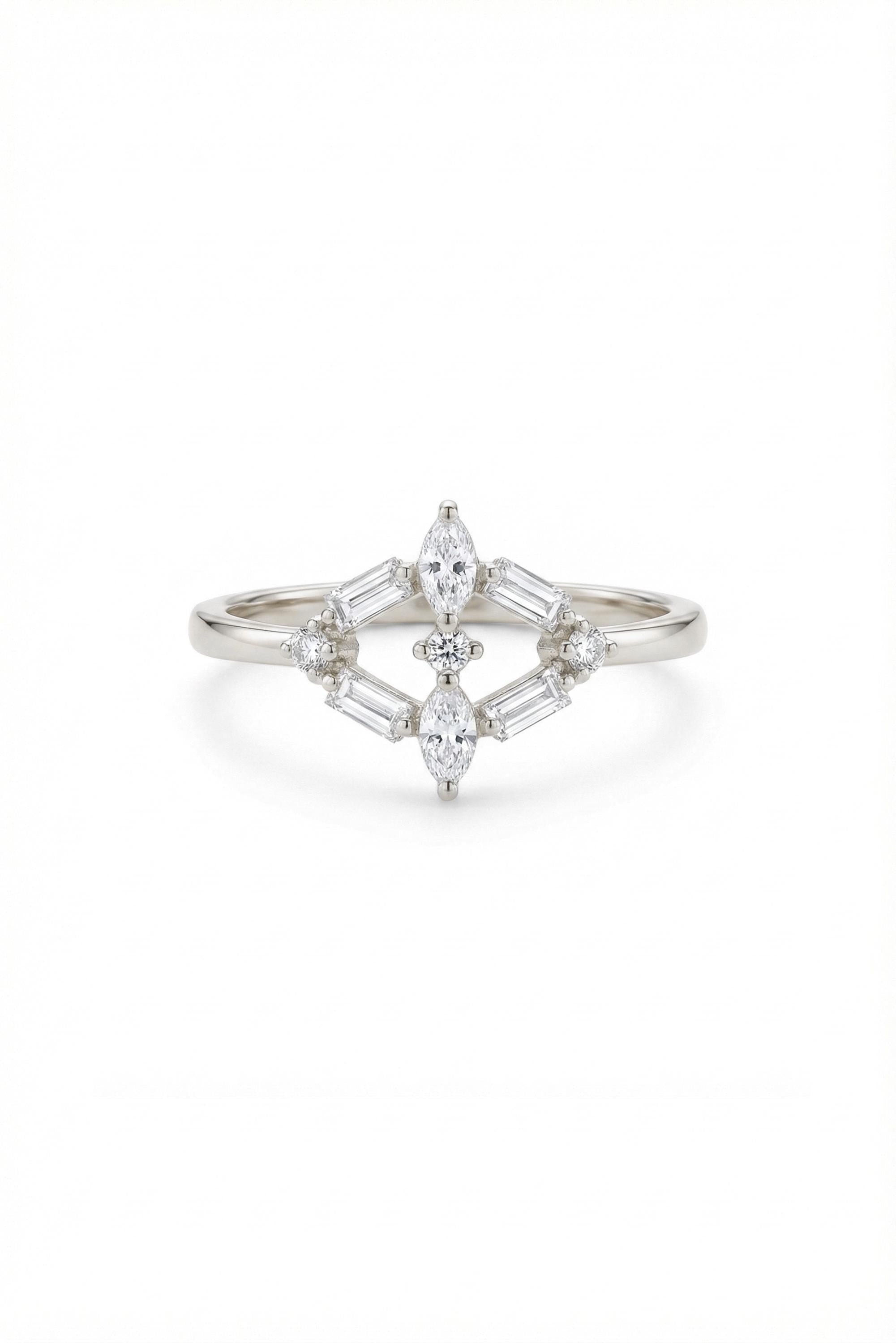 14K Gold Mixed Cut Baguette Marquise Chevron Ring