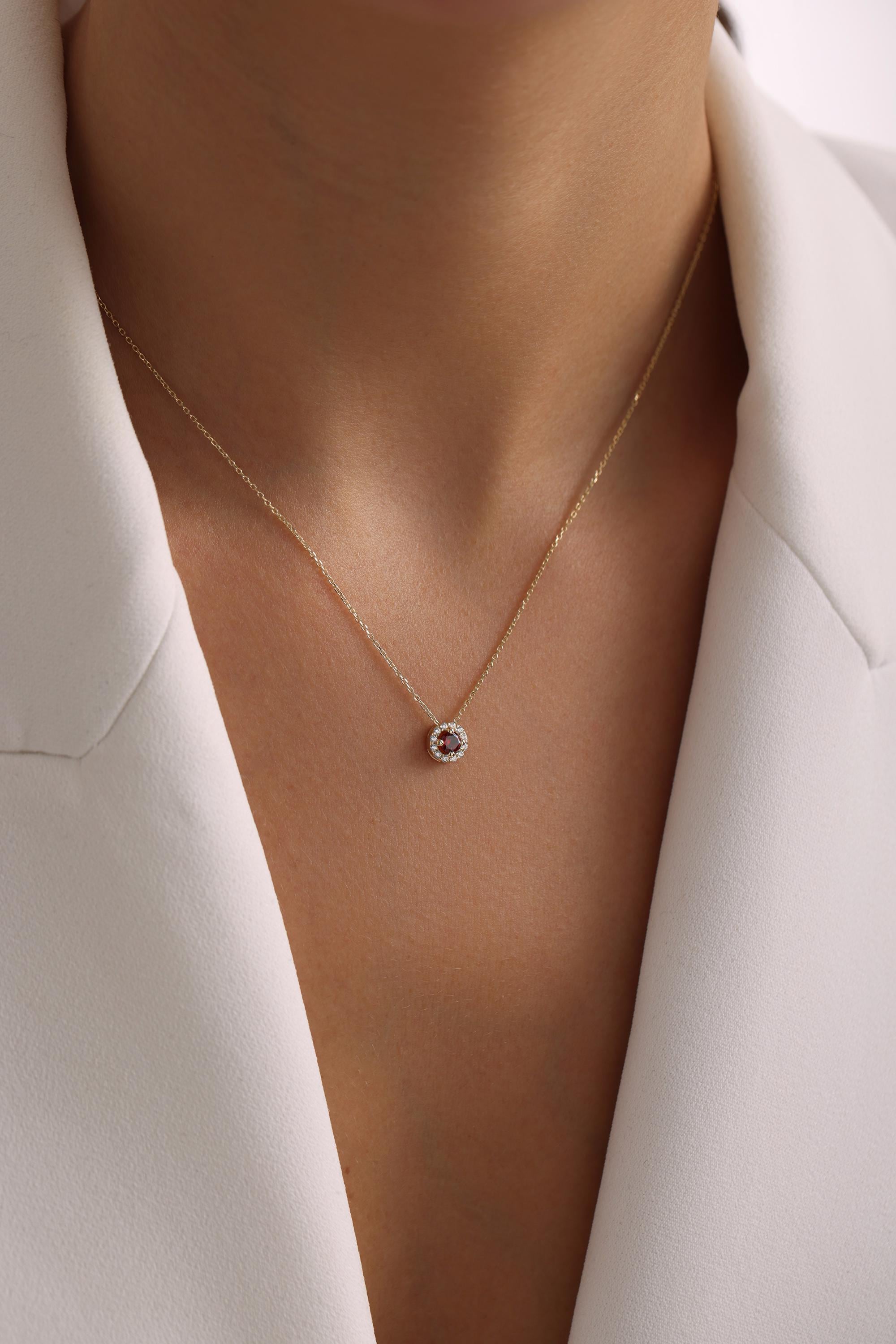 14K Solid Gold Red Gemstone Halo Necklace