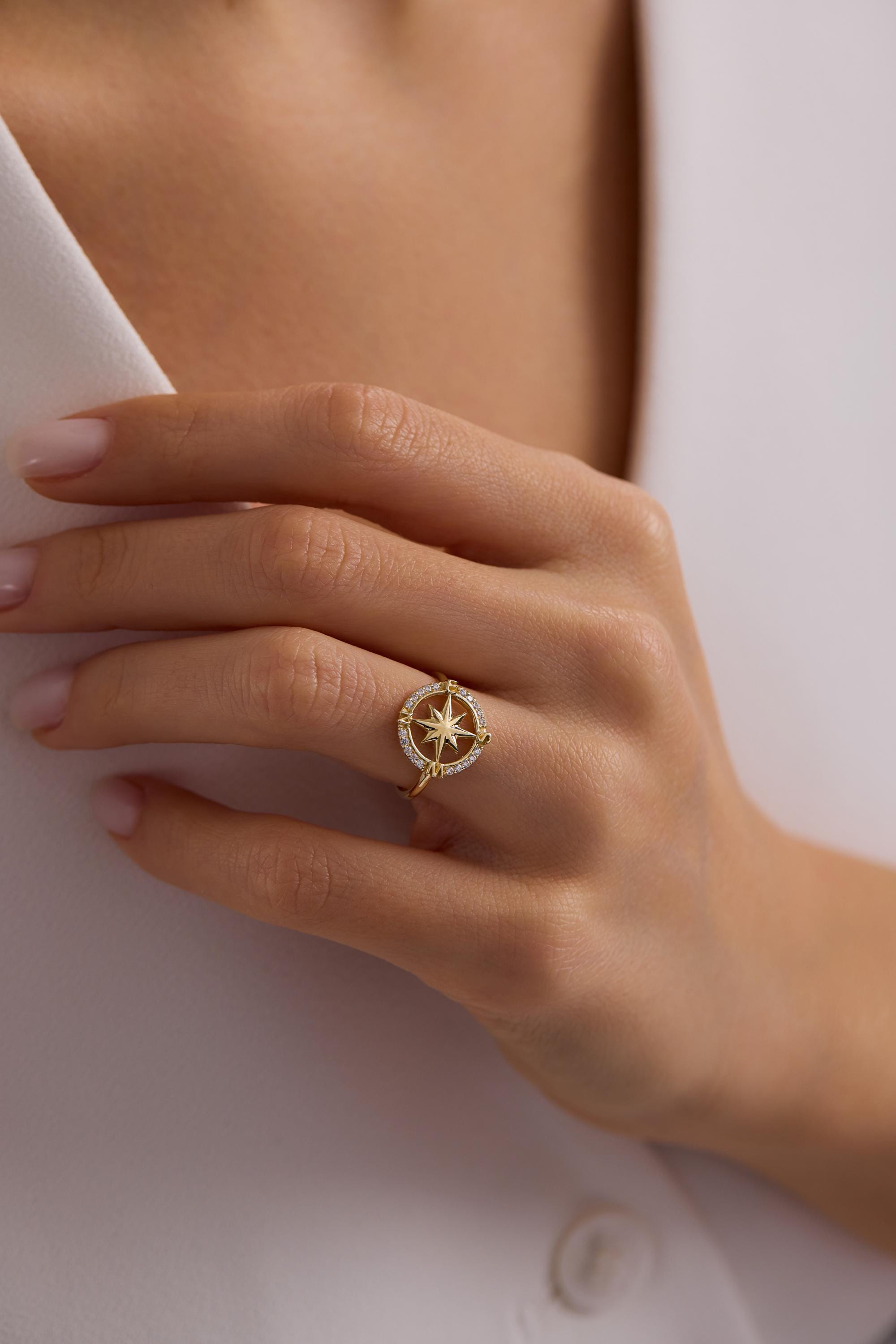 14K Gold Compass Starburst Pavé Halo Ring