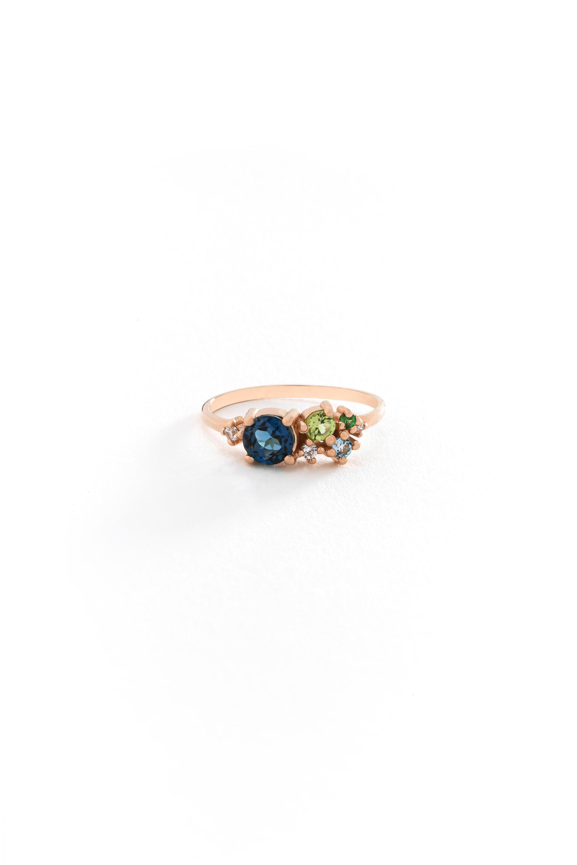 14K Solid Gold Blue Gemstone Cluster Ring