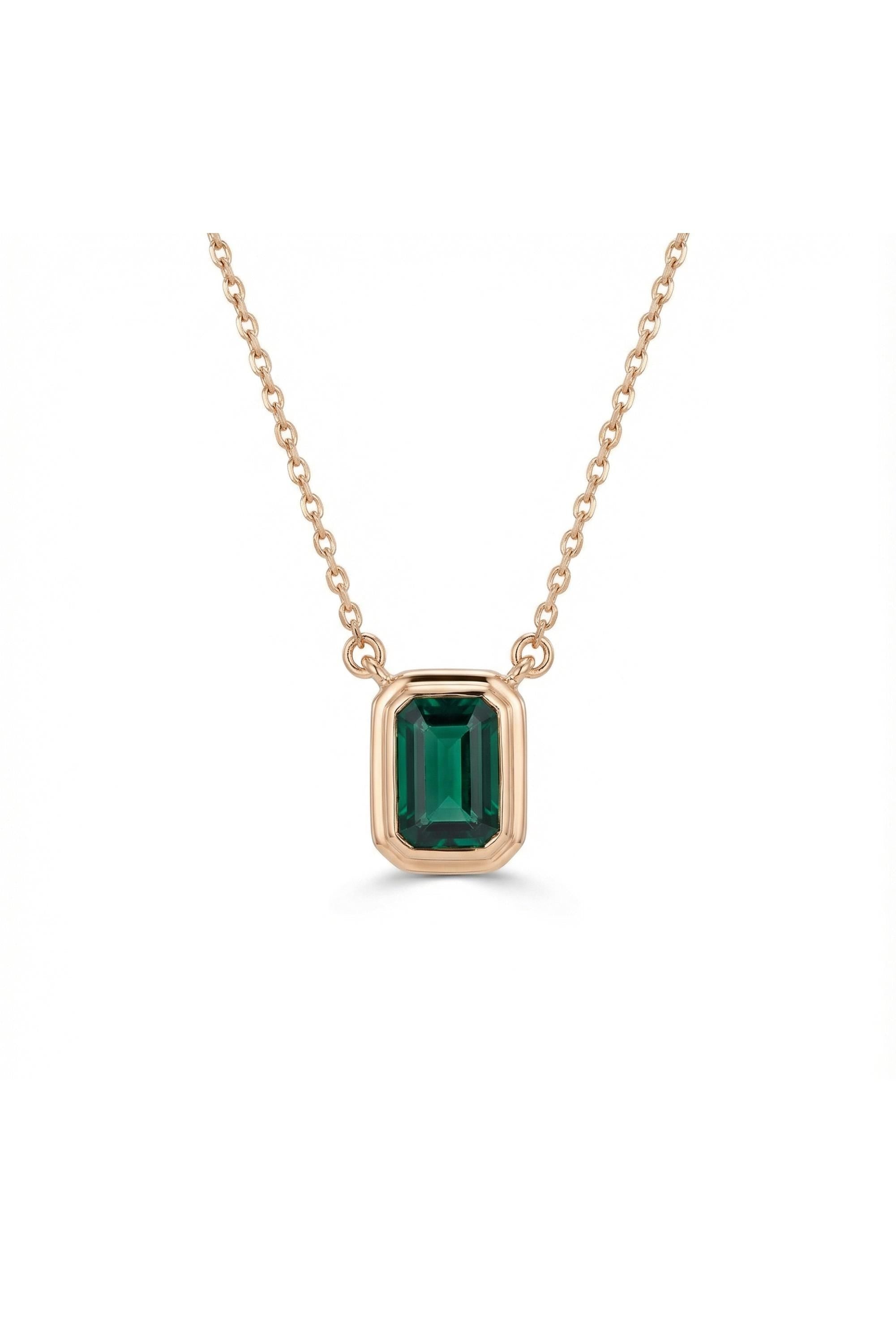14K Gold Emerald Cut Green Bezel Solitaire Necklace