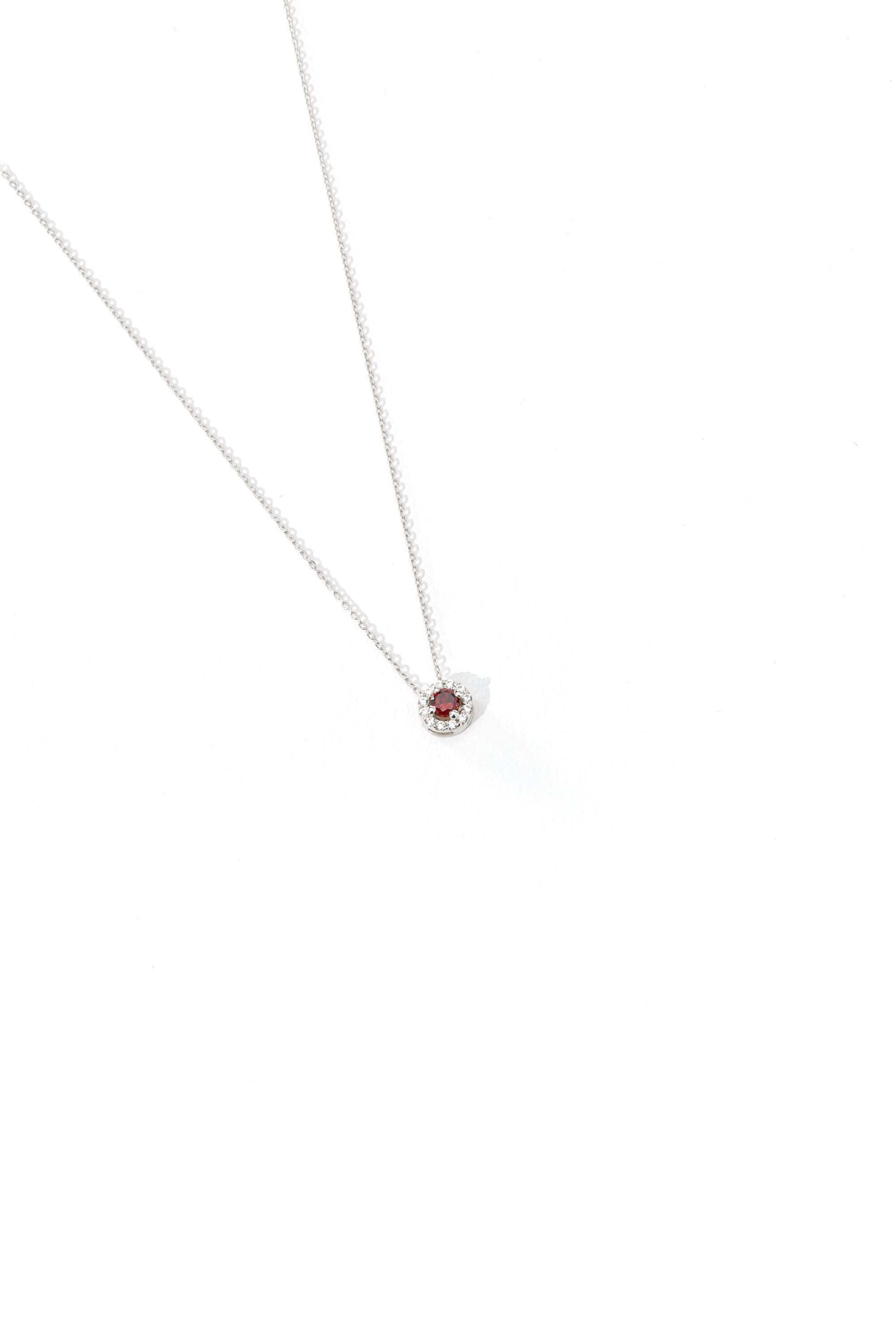 14K Solid Gold Red Gemstone Halo Necklace