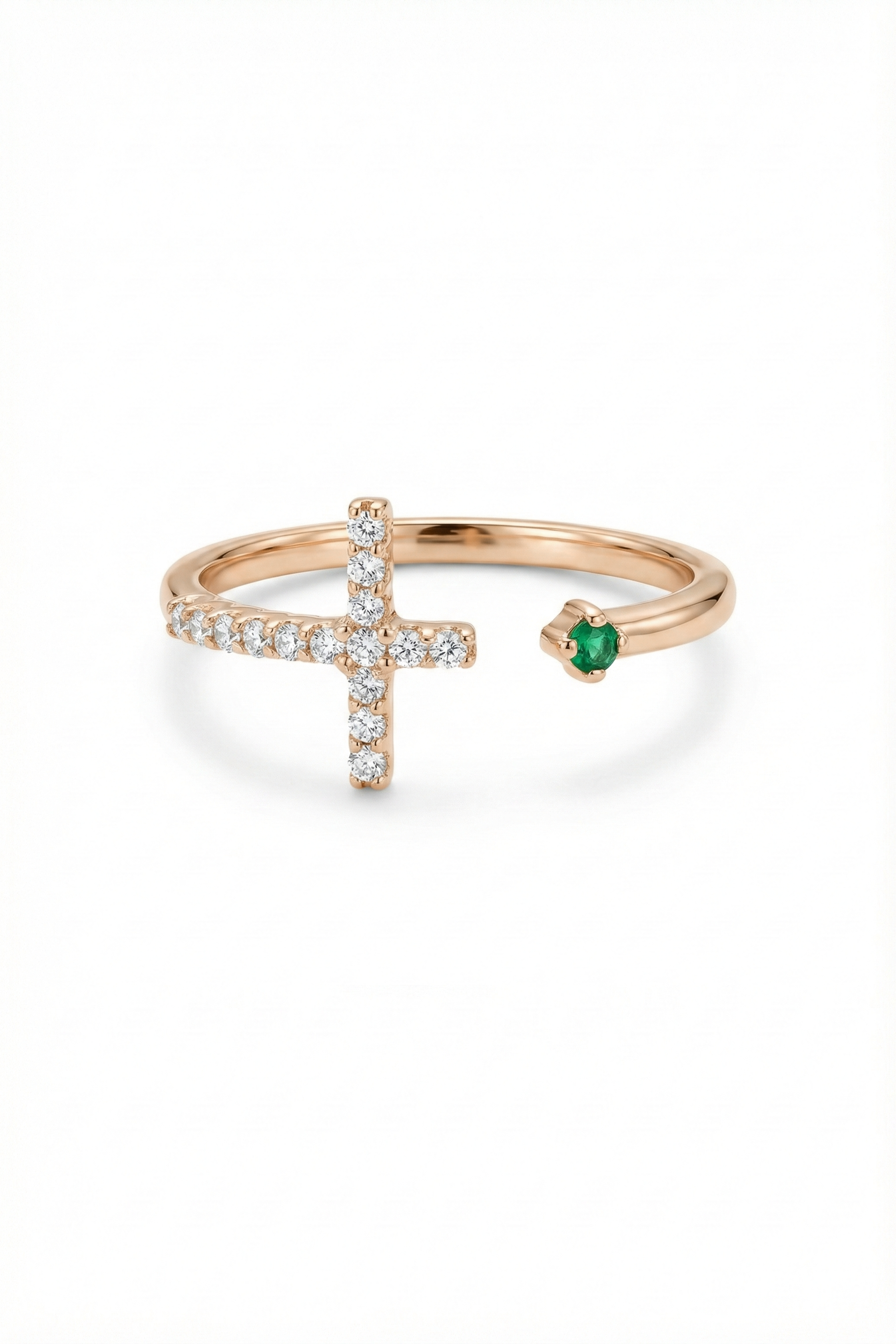 14k Gold Diamond Cross Open Ring with Emerald Accent