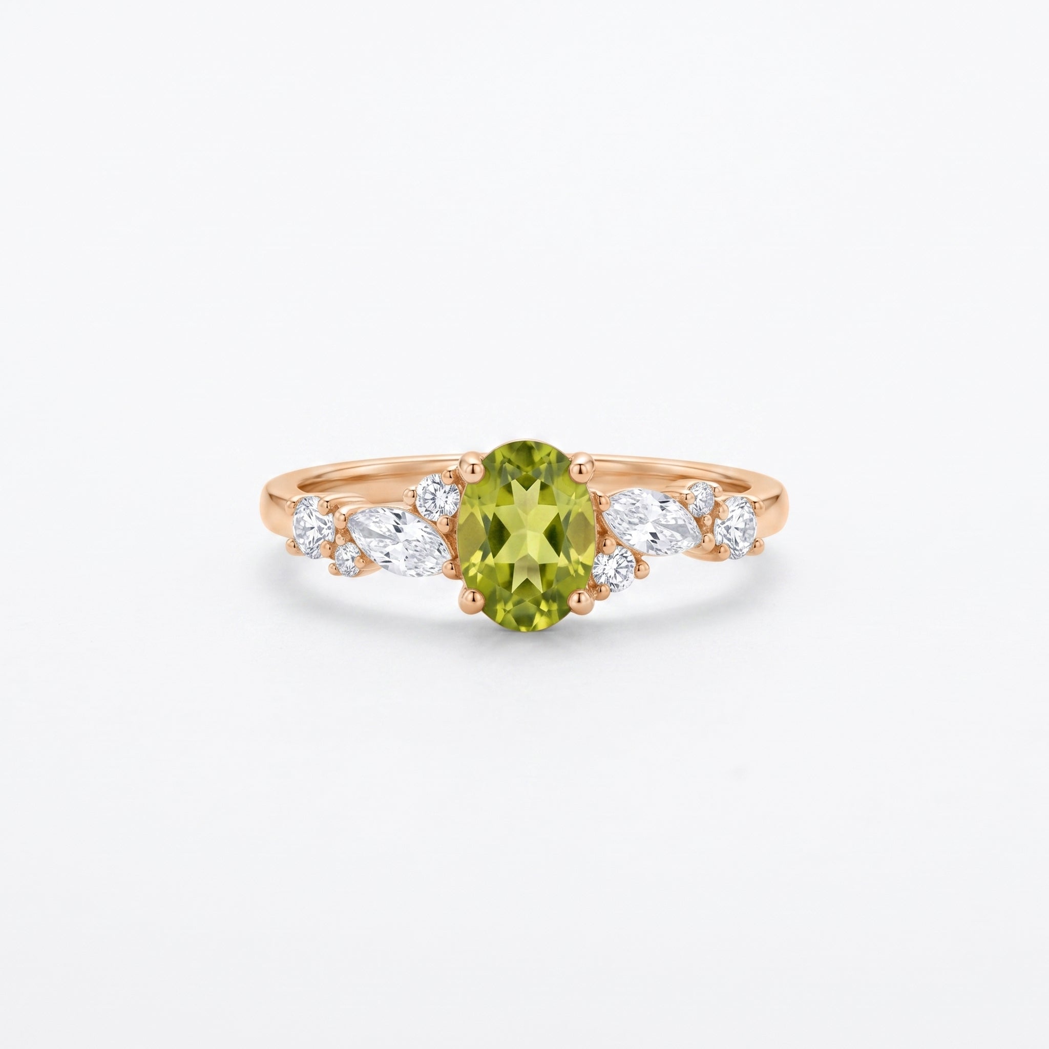 14K Gold Oval Peridot Marquise Diamond Cluster Ring