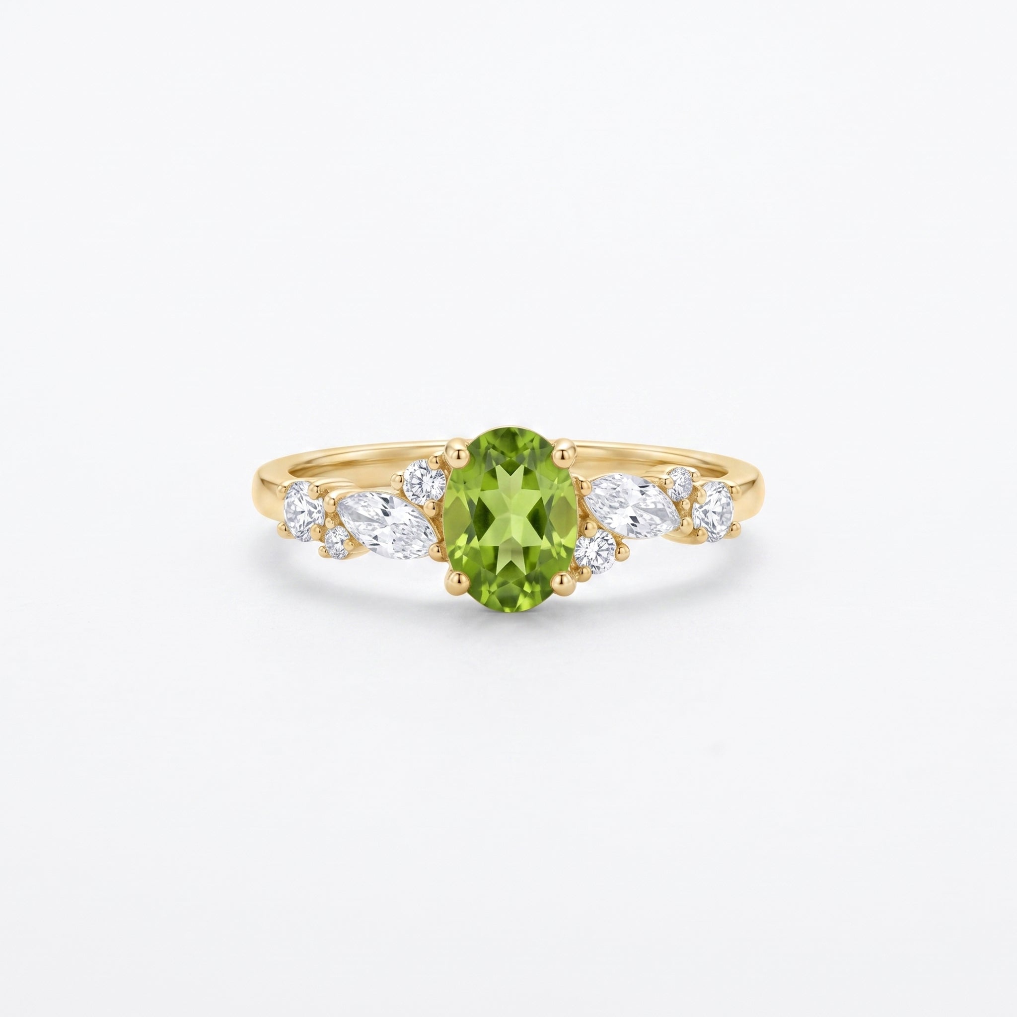 14K Gold Oval Peridot Marquise Diamond Cluster Ring