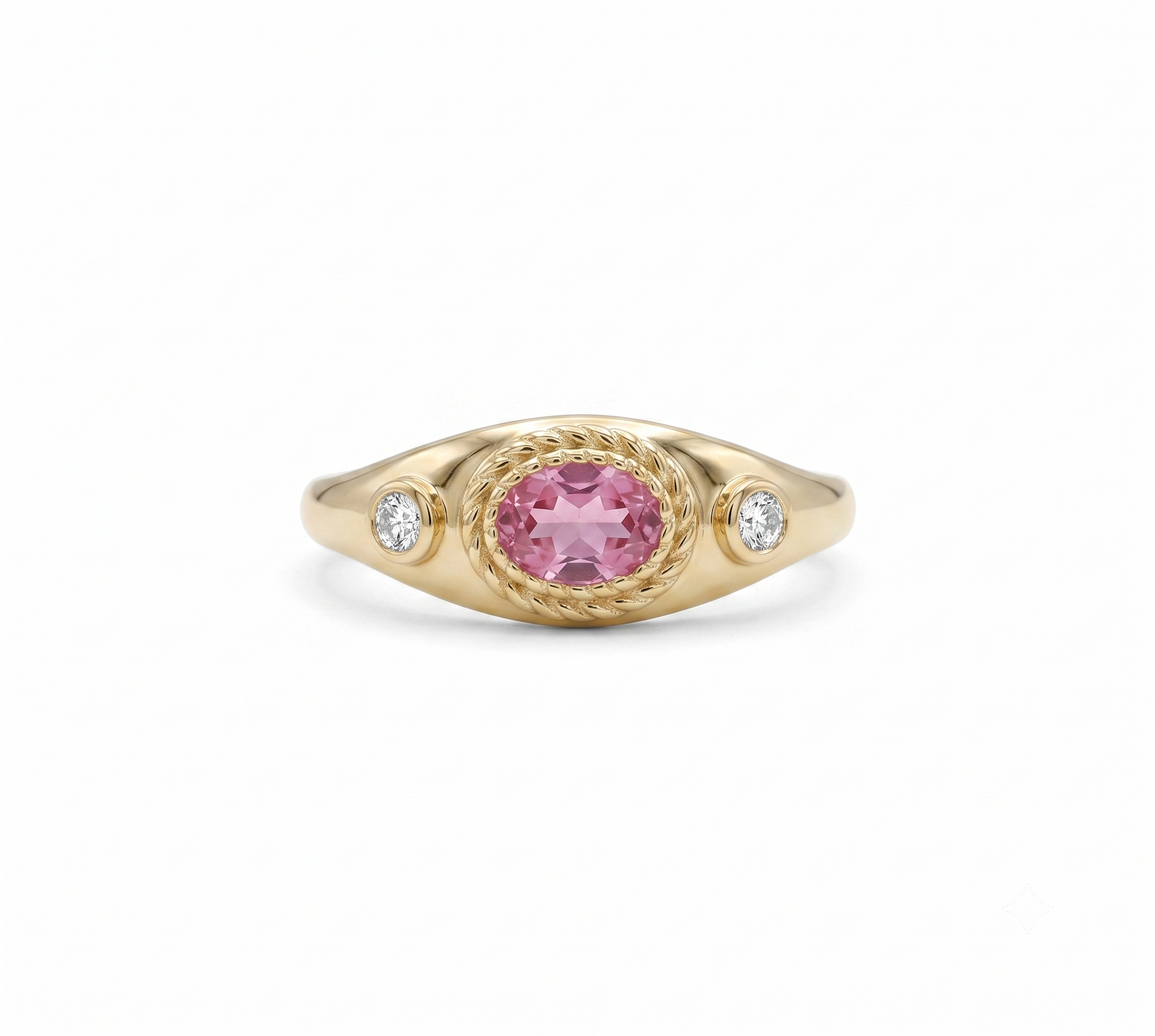 14K Gold Pink Tourmaline Rope Signet Ring