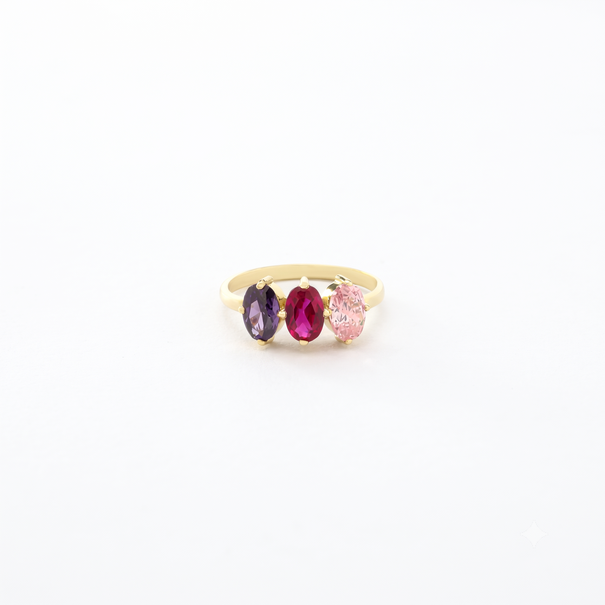 14K Gold Oval Multi-Gemstone Three-Stone Ring