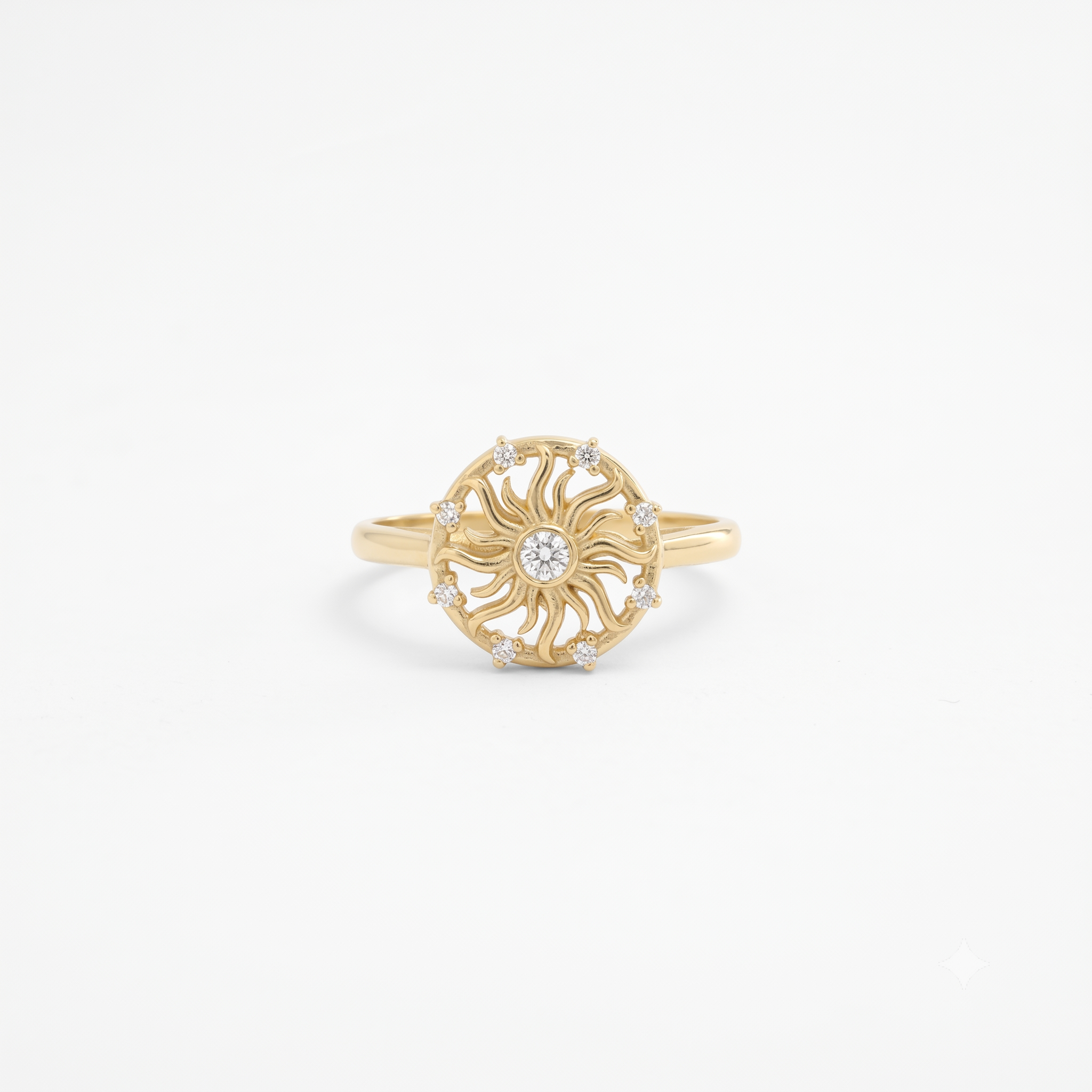 14K Gold Diamond Celestial Sunburst Medallion Ring